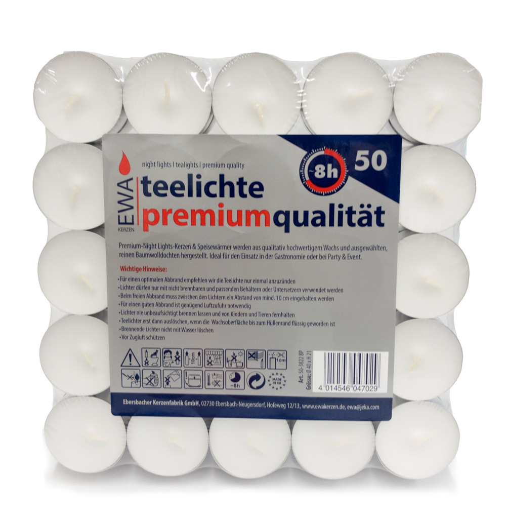 Premium Teelichter, 50 Stück, 8 Std. Brenndauer